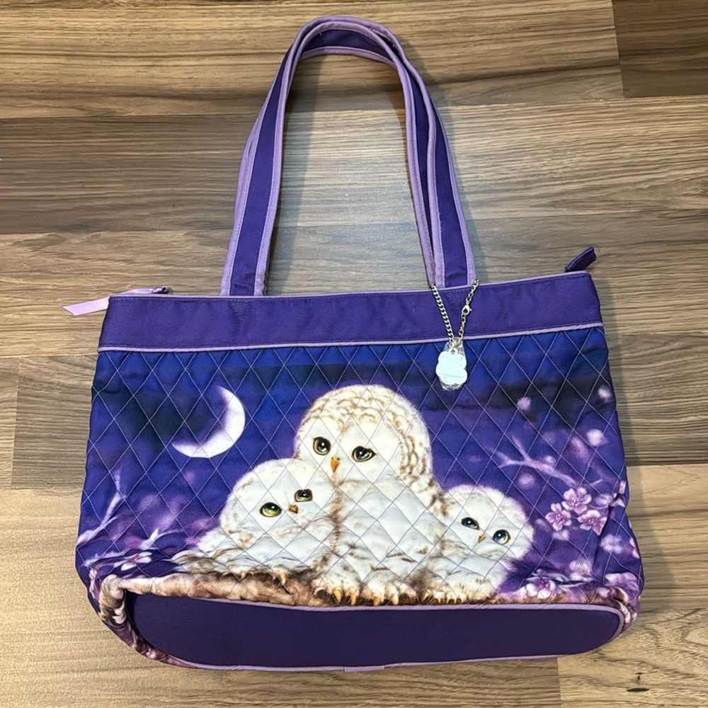 Bradford Exchange Owl Always Love You Kayomi Harai Quilted Purple Zip Tote NWOT